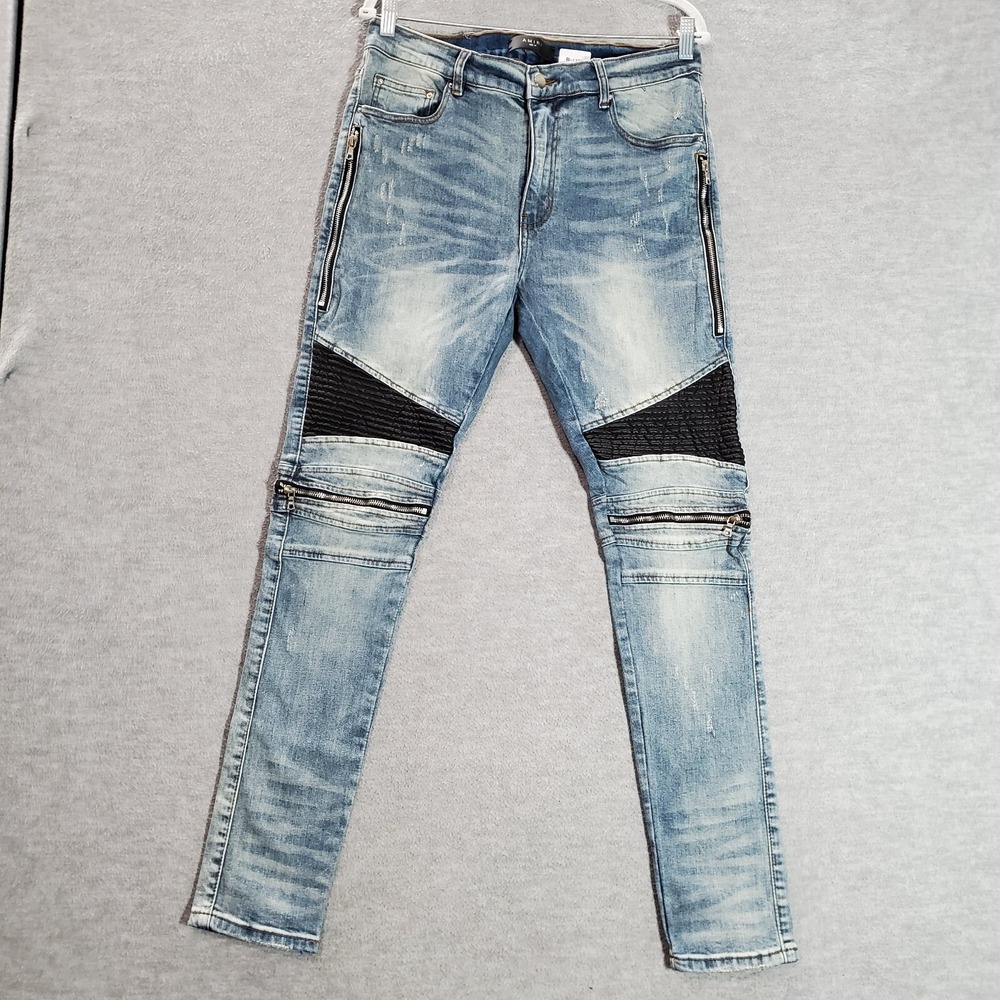 Amiri Men Jeans 34 Blue Denim‎ Slim Biker Moto Punk Streetwear Zipper Splice